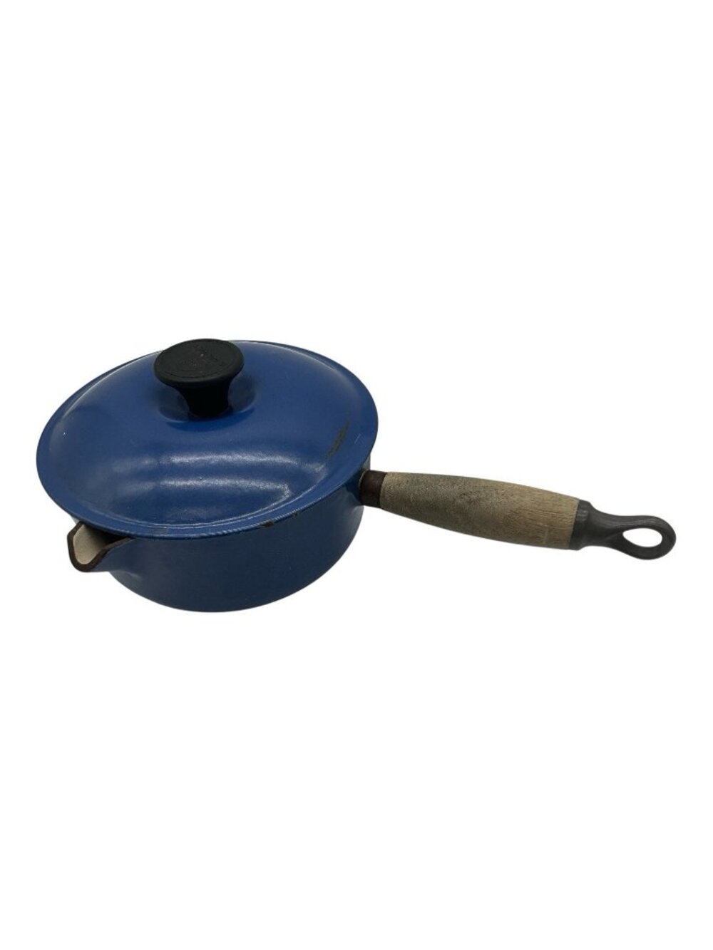 Le Creuset Vintage #18 Blue Enameled Cast Iron Saucepan w/ Wooden Handle & Lid